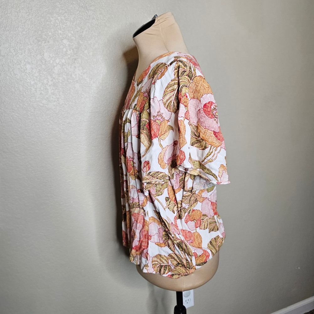 Garnet Hill Womens Floral Viscose Blouse Orange Pink Flutter Sleeve Top Large - Picture 3 of 8